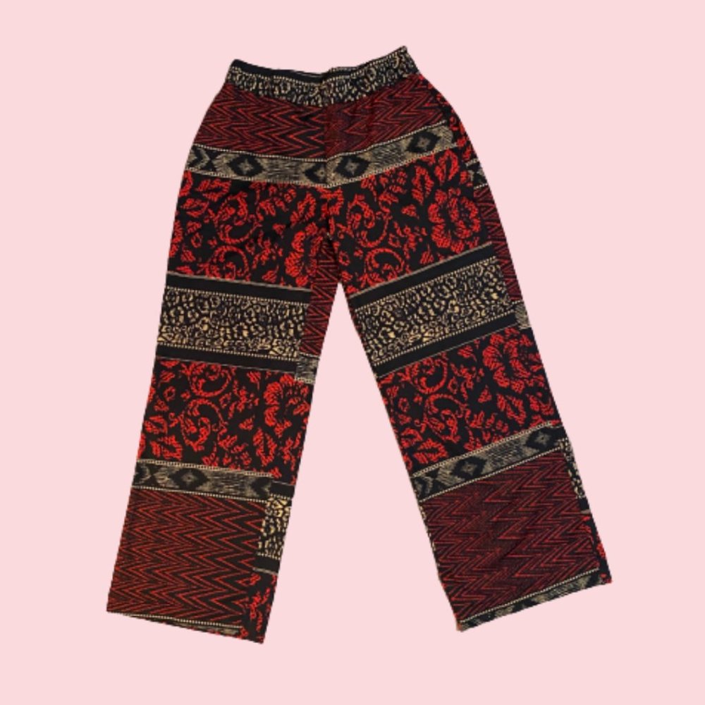 Red, black, and cream palazzo pants